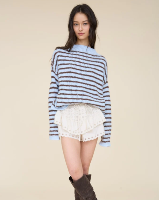 STRIPE ROLLED - EDGE DETAIL LONG SLEEVE KNIT SWEATER - light blue