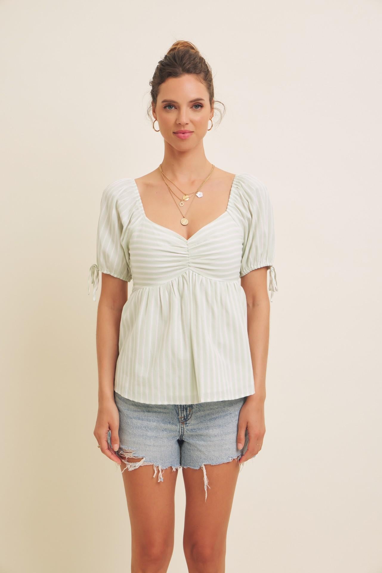 Textured Stripe Babydoll Top With Smocked Back