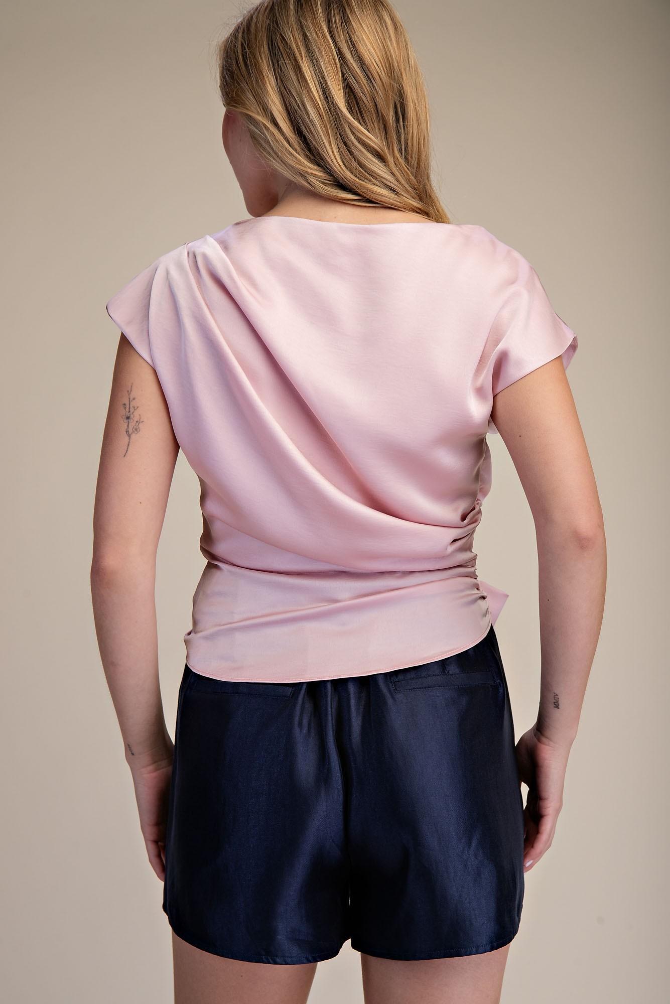 Pink Boat Neck Waist Tie Blouse