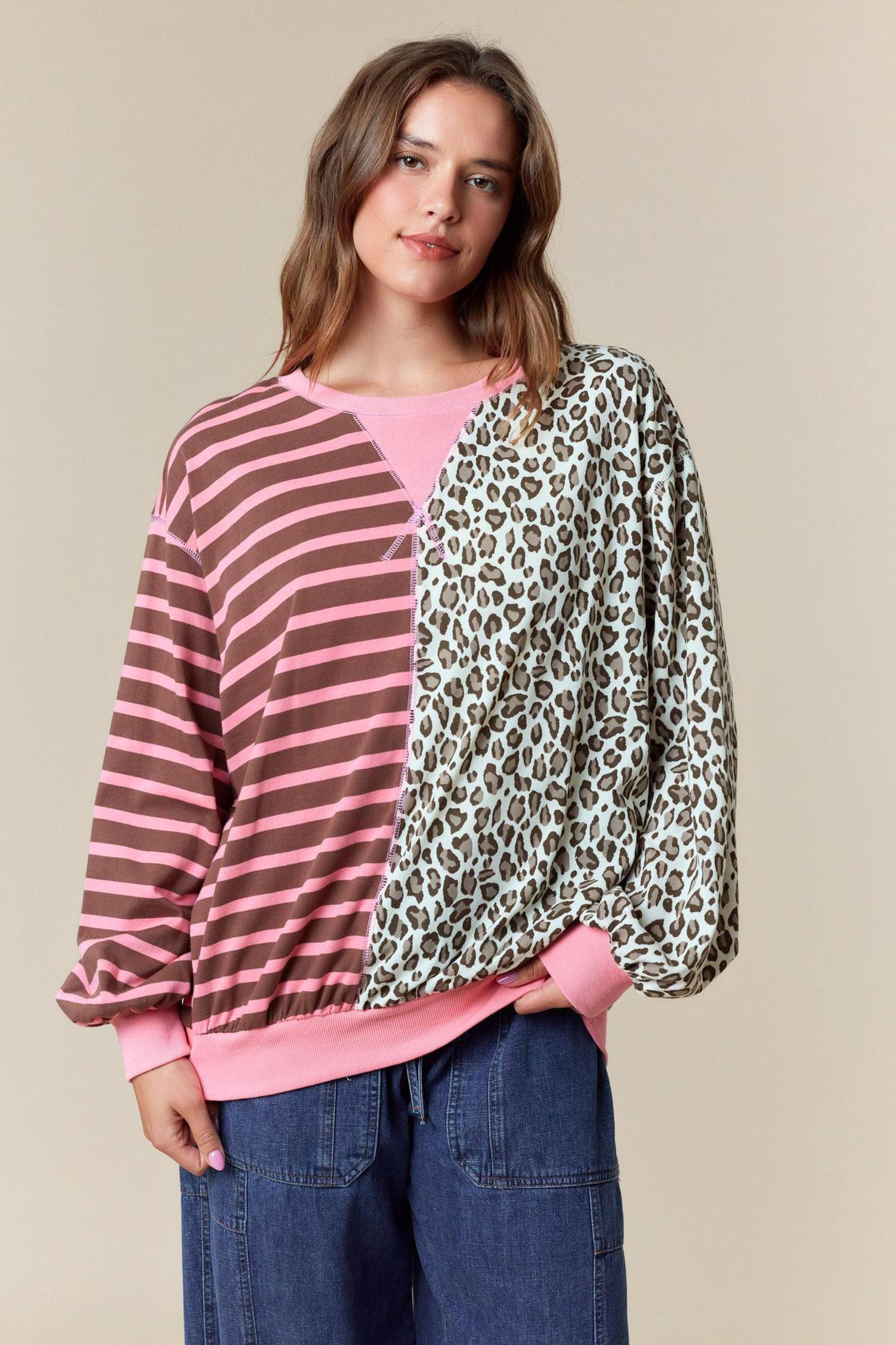 Half&half Color Block Stripe & Leopard Sweatshirt
