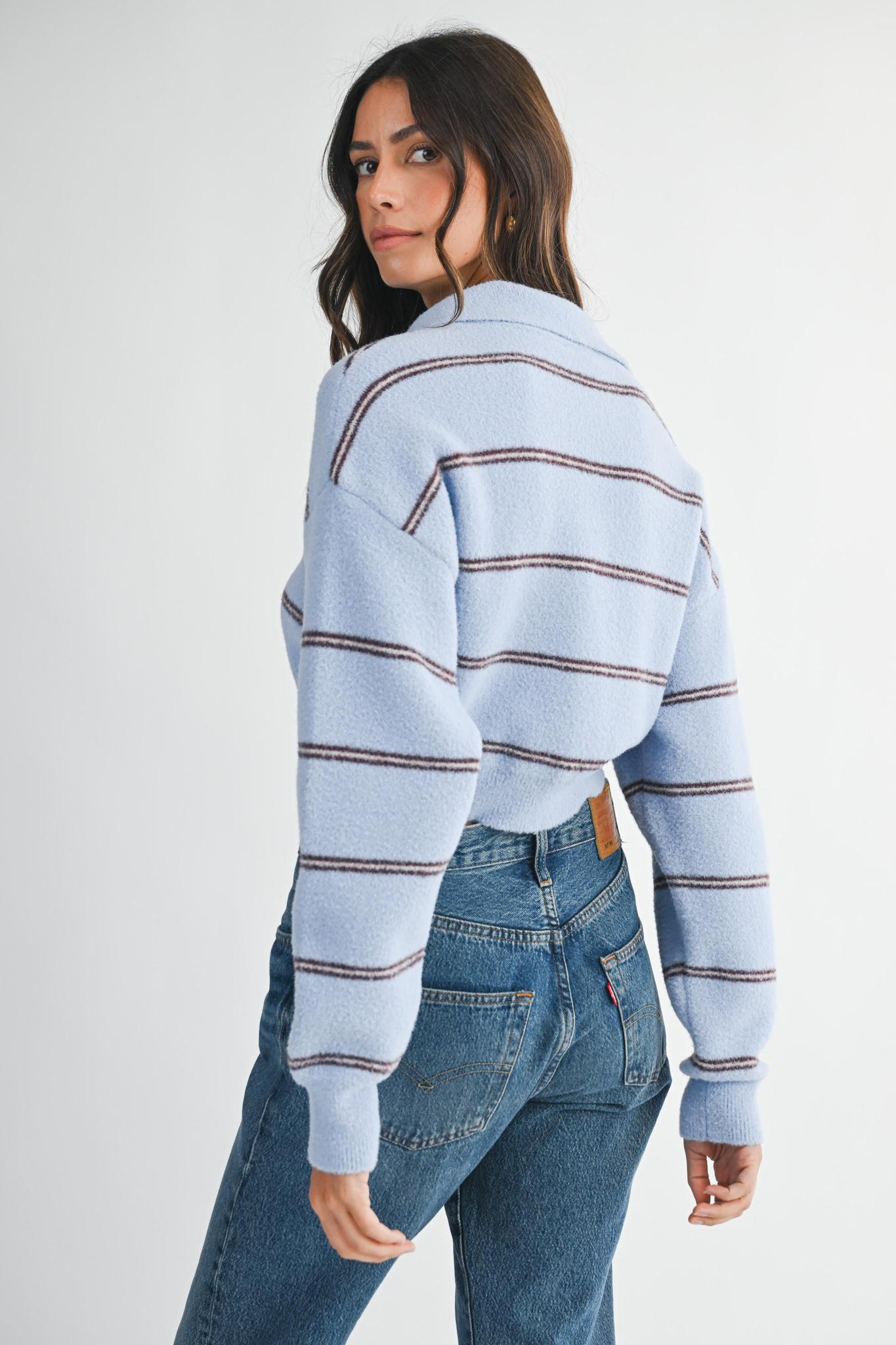 Collared Multi Color Stripe Cropped Knit Sweater