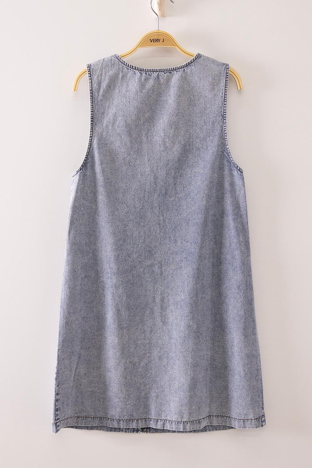 Scallop Button Washed Denim Mini Dress