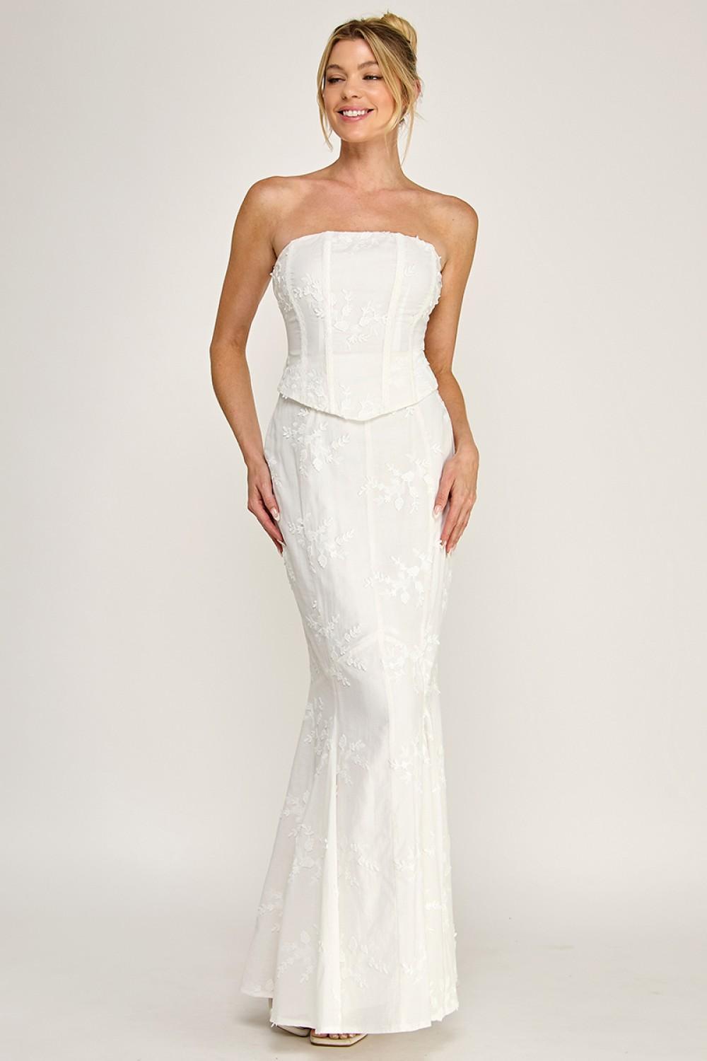 IVORY EYELET STRAPLESS CORSET LACE- UP MAXI DRESS