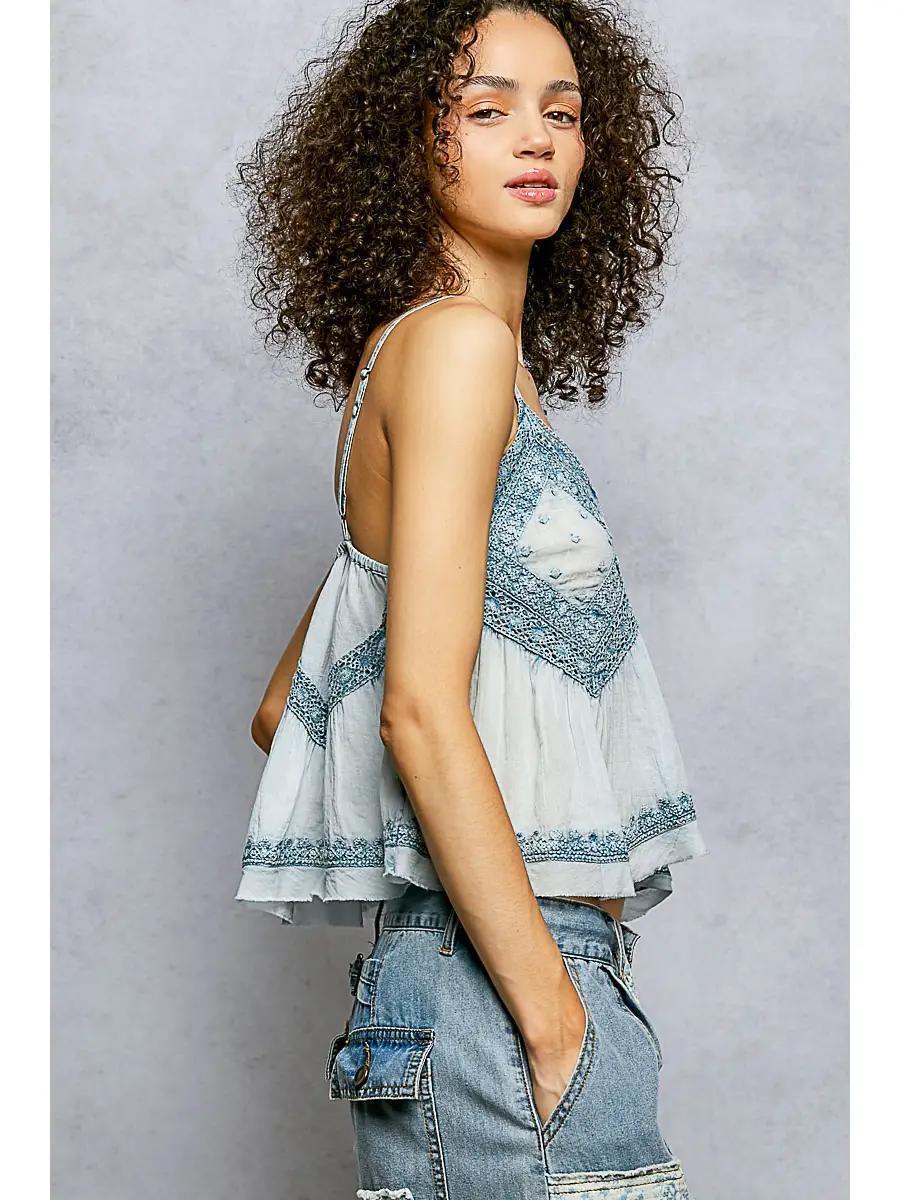 V-Neck Sleeveless Washing Effect Embroidered Woven Top
