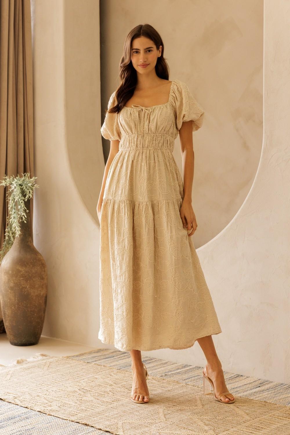 Beige Floral Embroidered Puff Sleeve Midi Dress