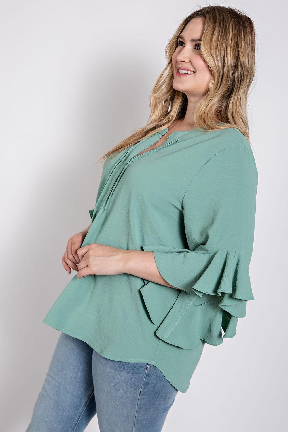 Ruffled Bell Sleeve Front Pleated Blouse - Mint