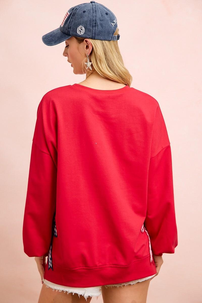 Red 4th of July Pattern Patch Bow Sides Sweatshirt