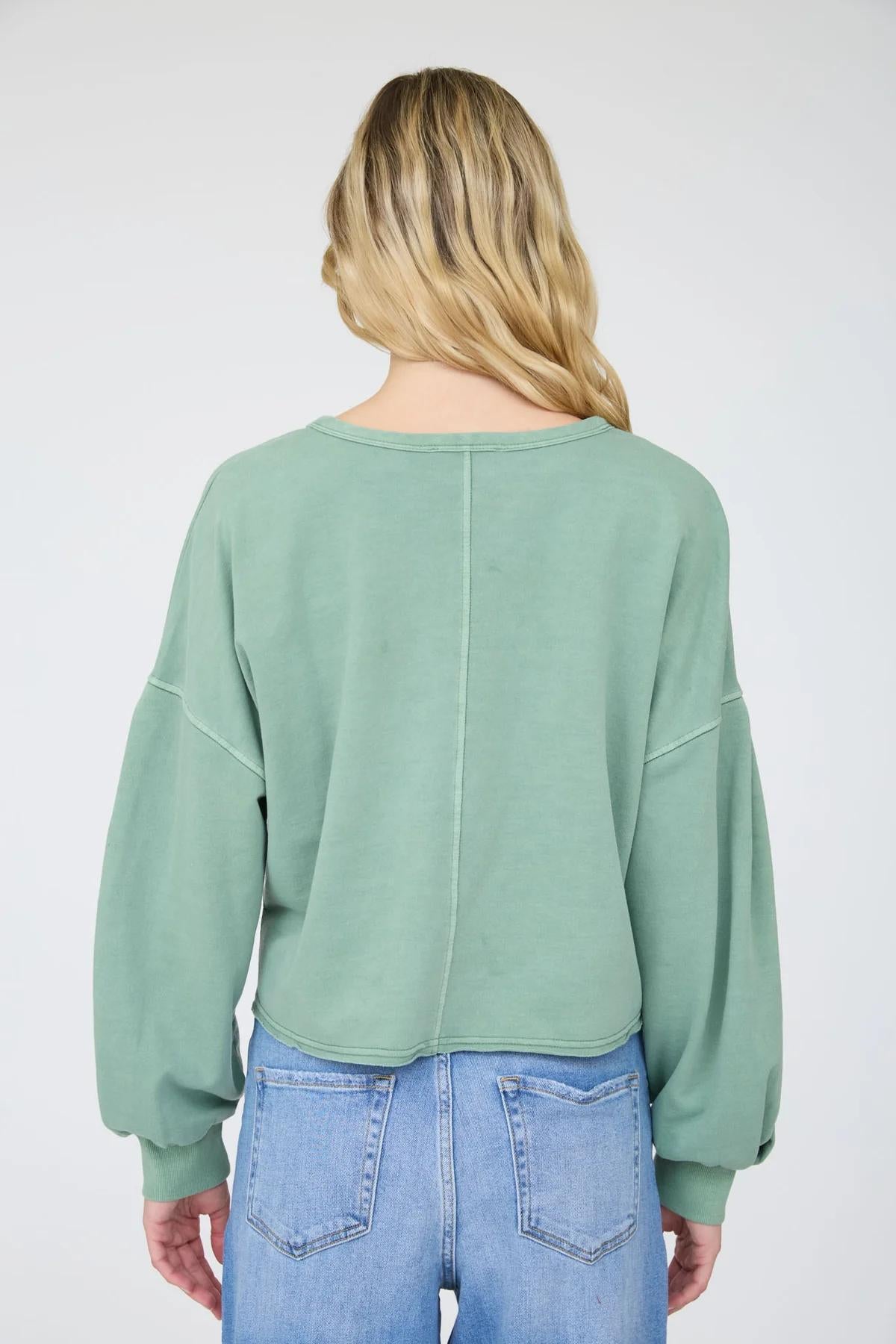 OLIVE NOTCH NECK BOXY LONG SLEEVE KNIT CROP TOP