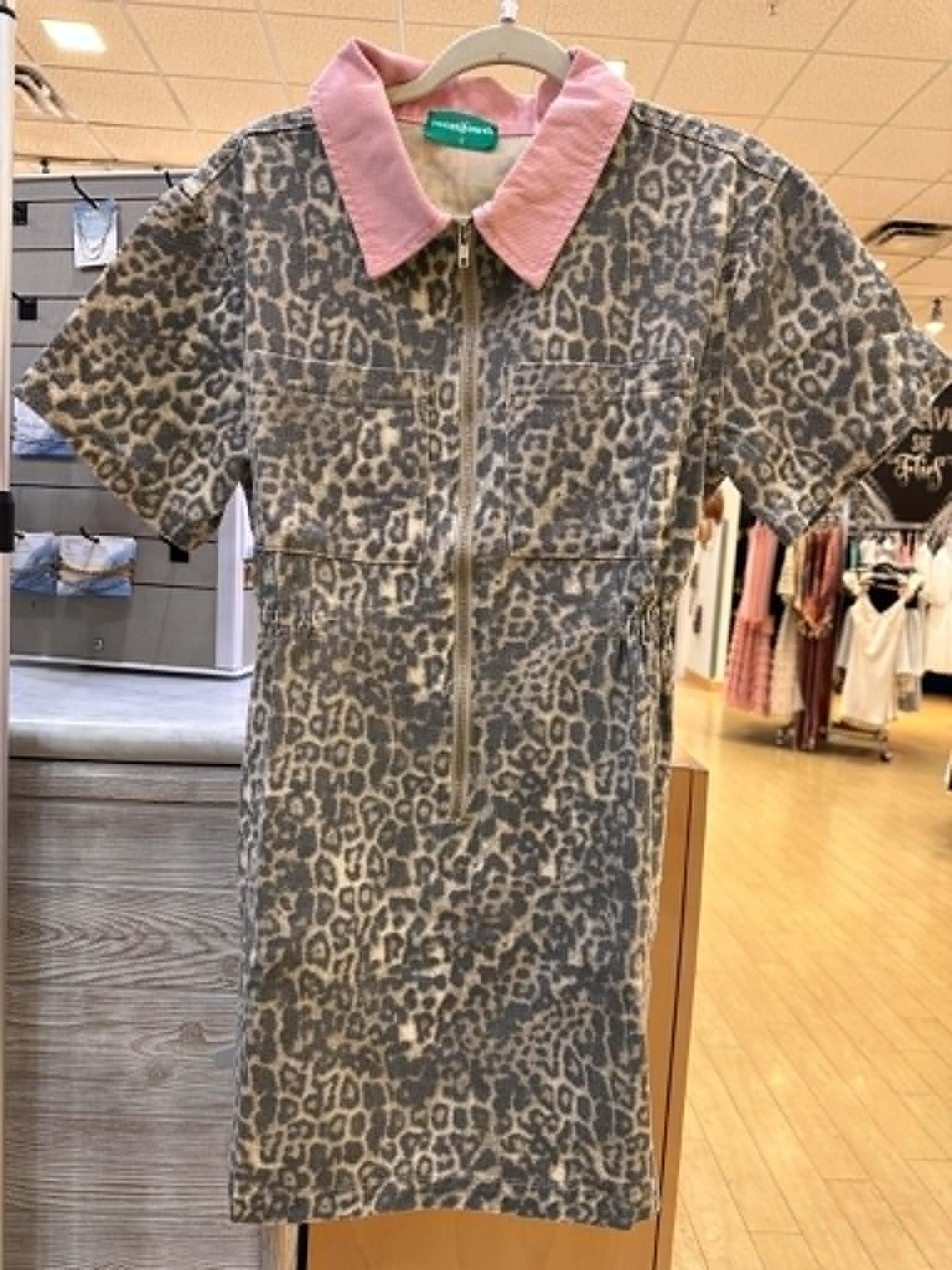 Zippered Leopard Denim Dress with Pink Collar
