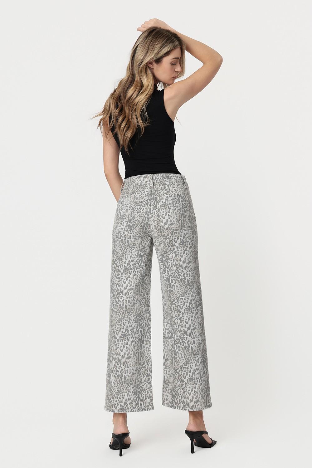 High Rise Patch Pocket Leopard Print Baggy Wide Jeans
