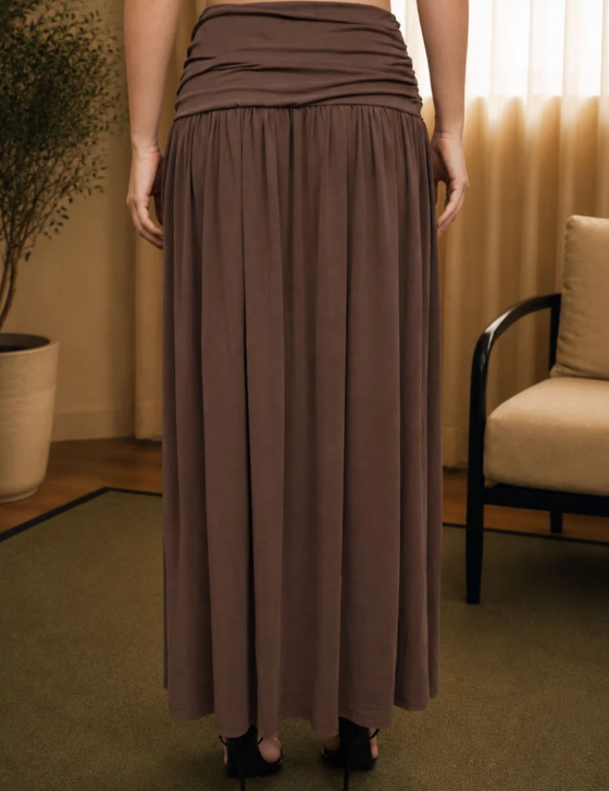 BROWN WIDE GATHERED WAISTBAND KNIT MAXI SKIRT