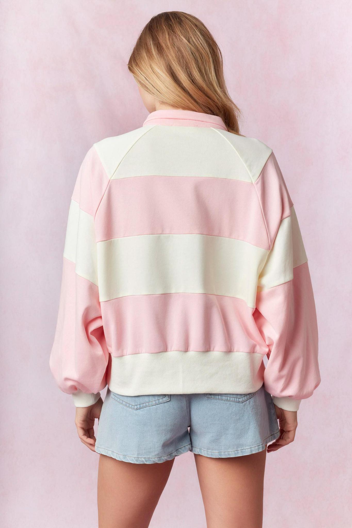 Pink/ivory Striped Snap Button Pullover