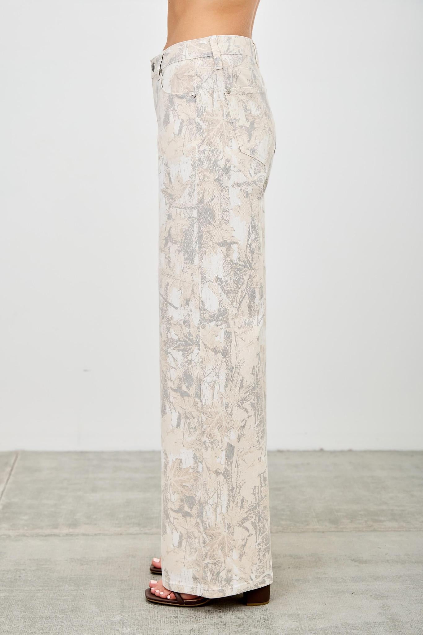 White Camo Mid Rise Printed Wide Straight