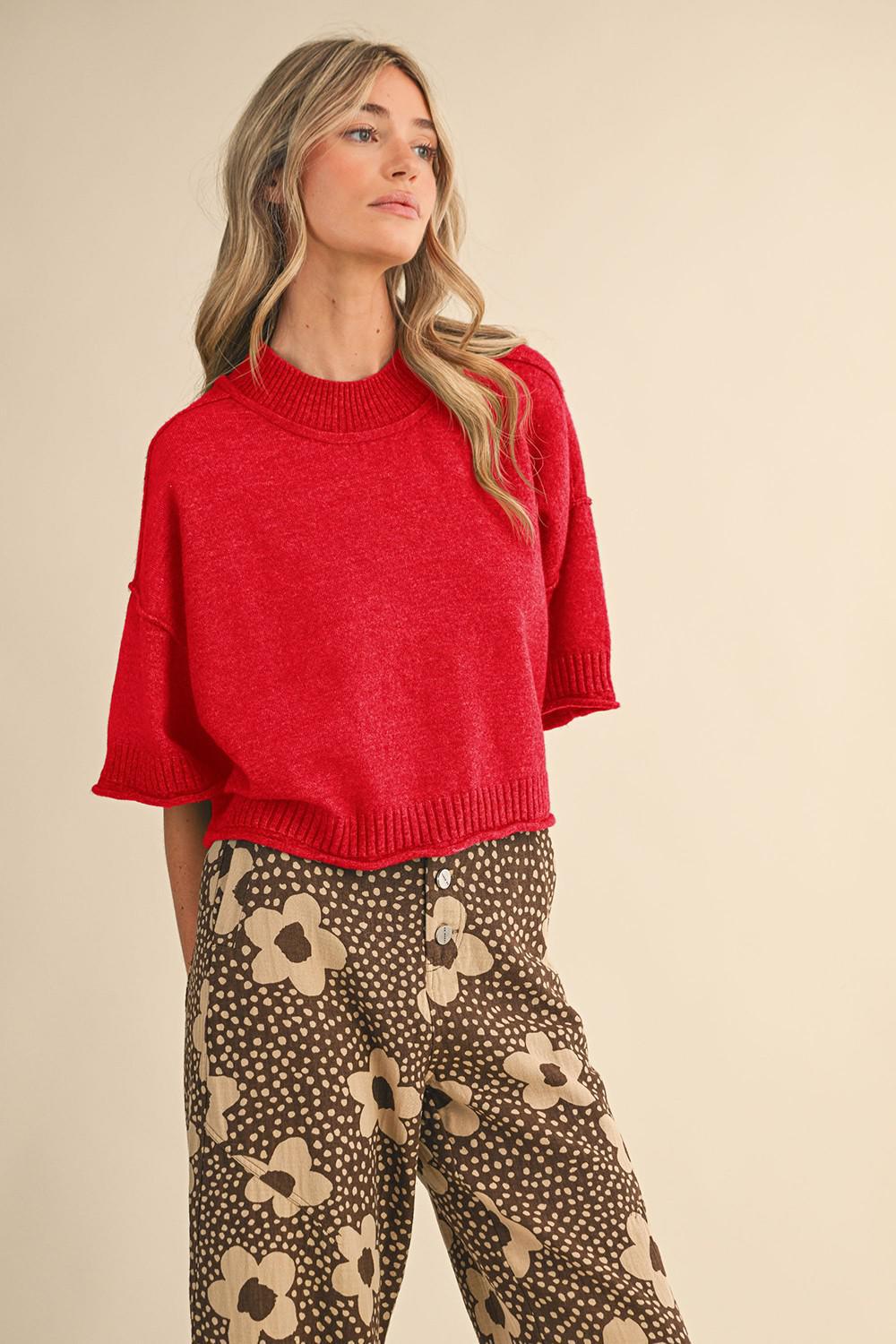 Marled Knit Mock Neck Short Sleeve Sweater