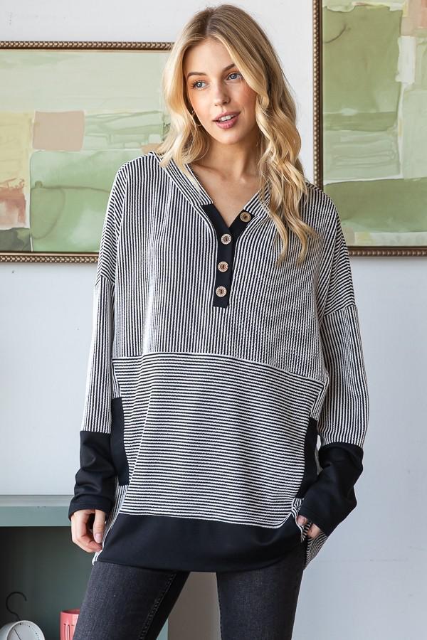 Long Sleeve Stripe Solid Contrast Hoodie