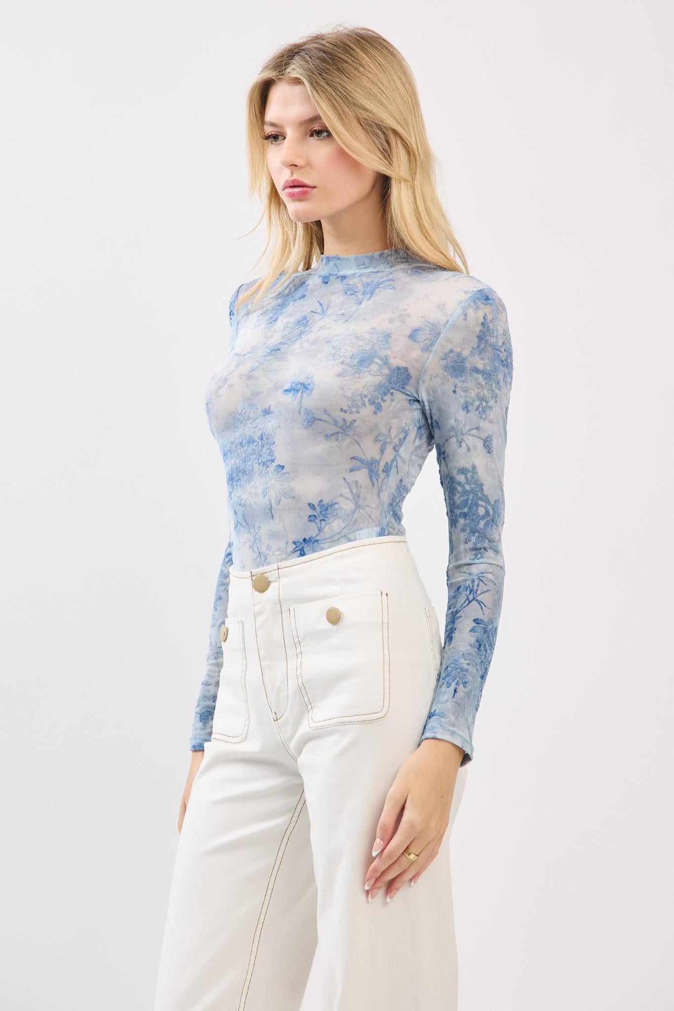 Blue Flocking Long Sleeve Bodysuit