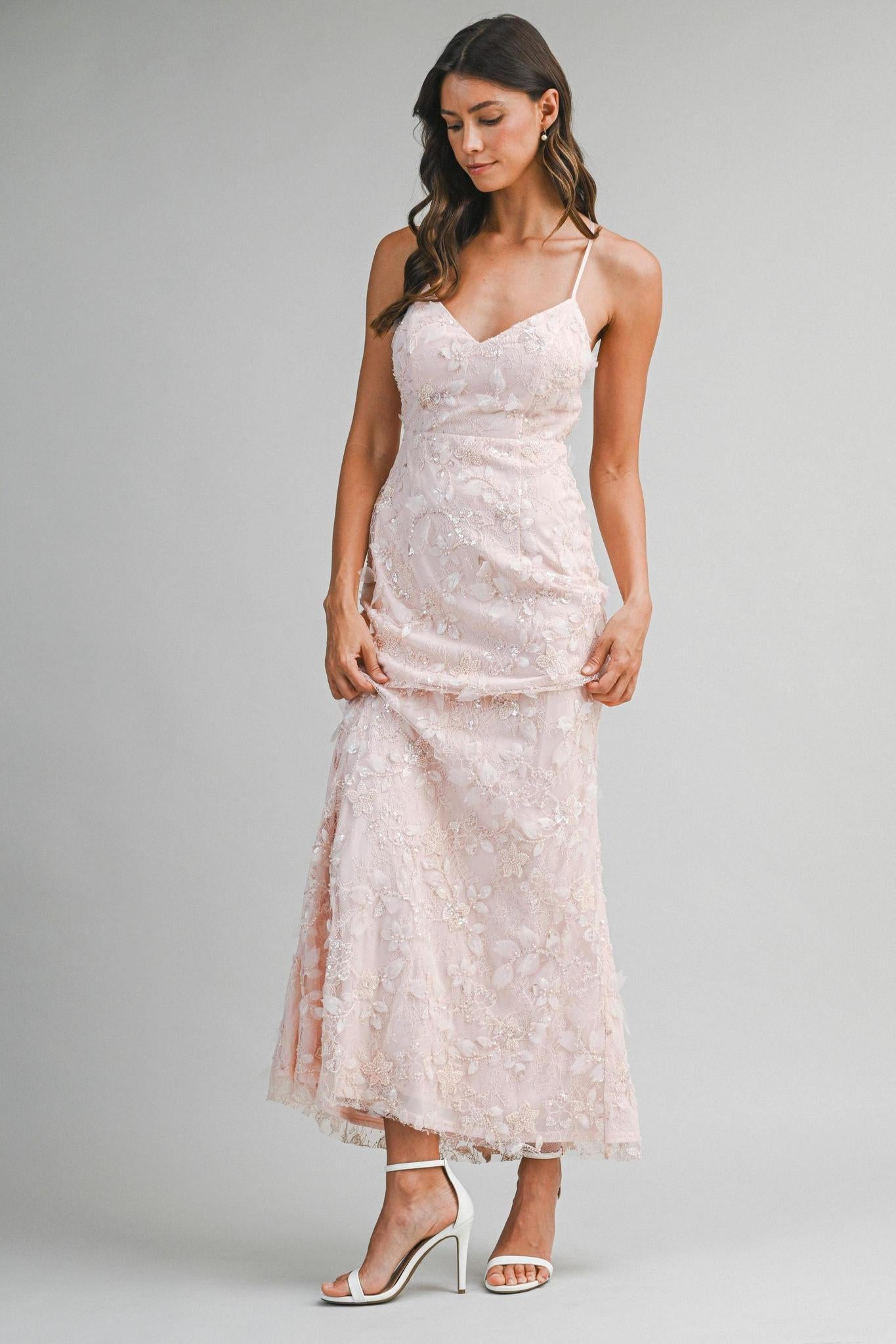 Embellished Lace Floral Applique Maxi Dress
