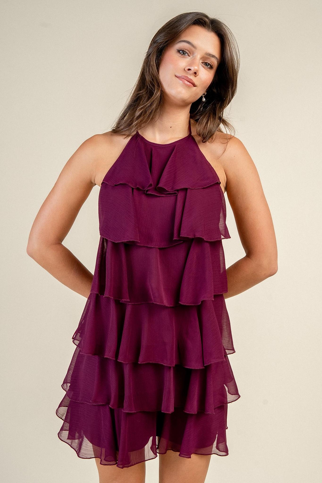 Merlot Multi Ruffled Mini Dress With Back Tie