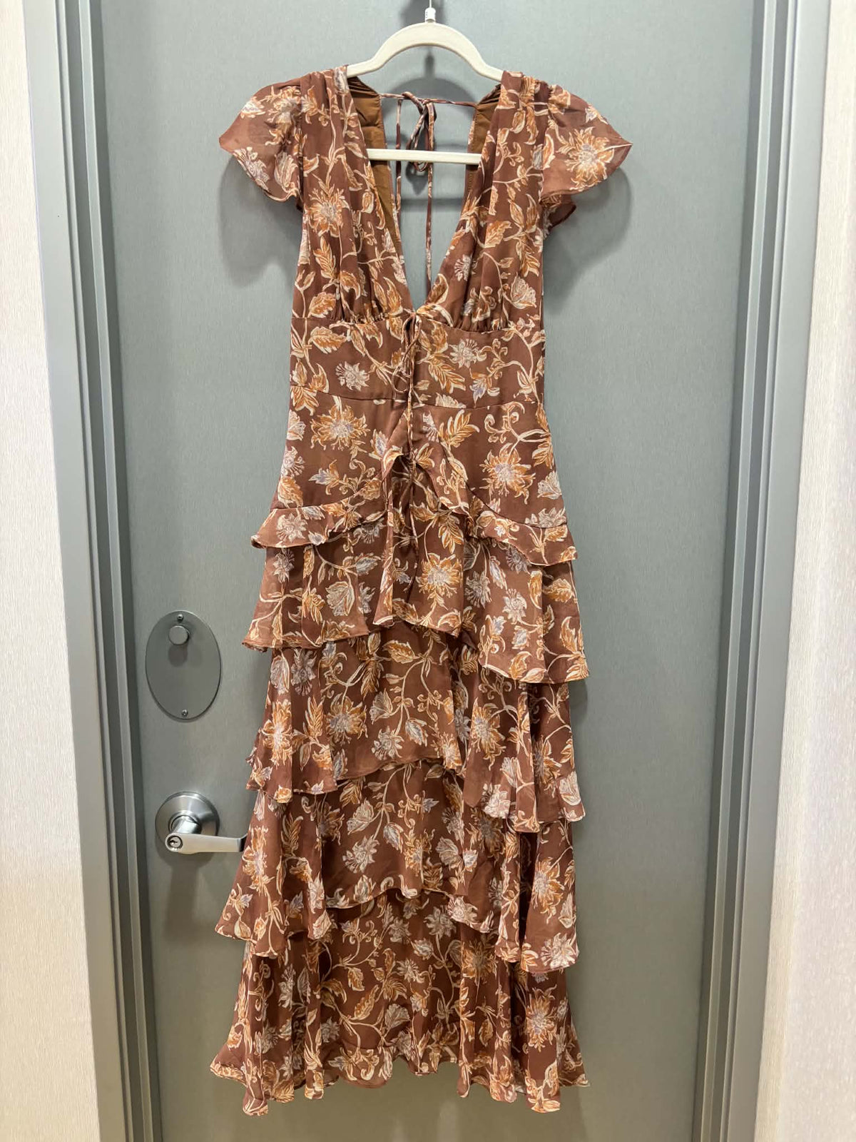 Brown Floral V-Neck Ruffle Sleeve Maxi Dress