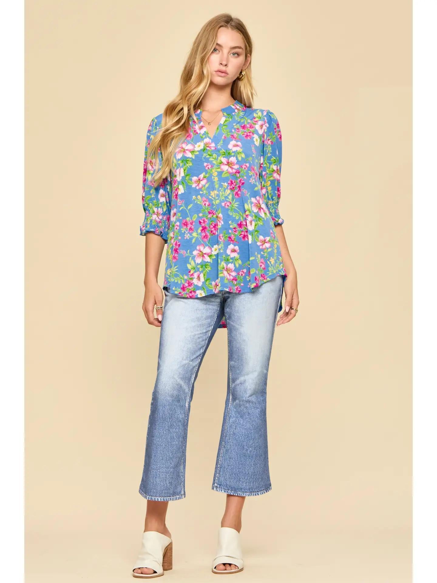 Ocean Blue Smocked 3/4 Sleeve Lizzy Top