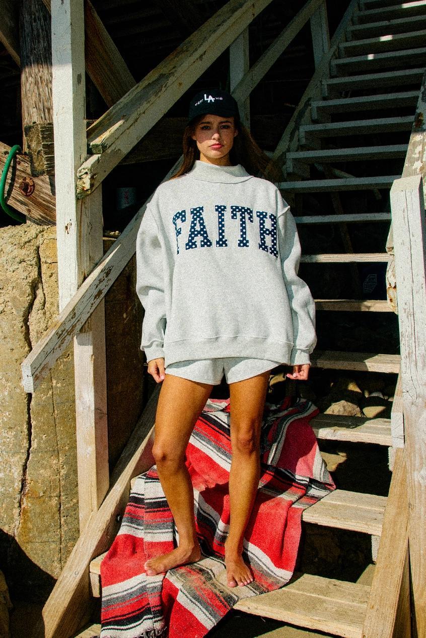 "Faith" Embroidered Polka-Dot Mock Neck Sweatshirt