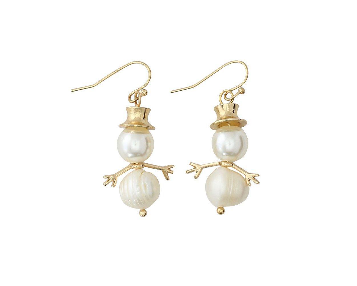 Gold Accent Pearl Snowman Earrings