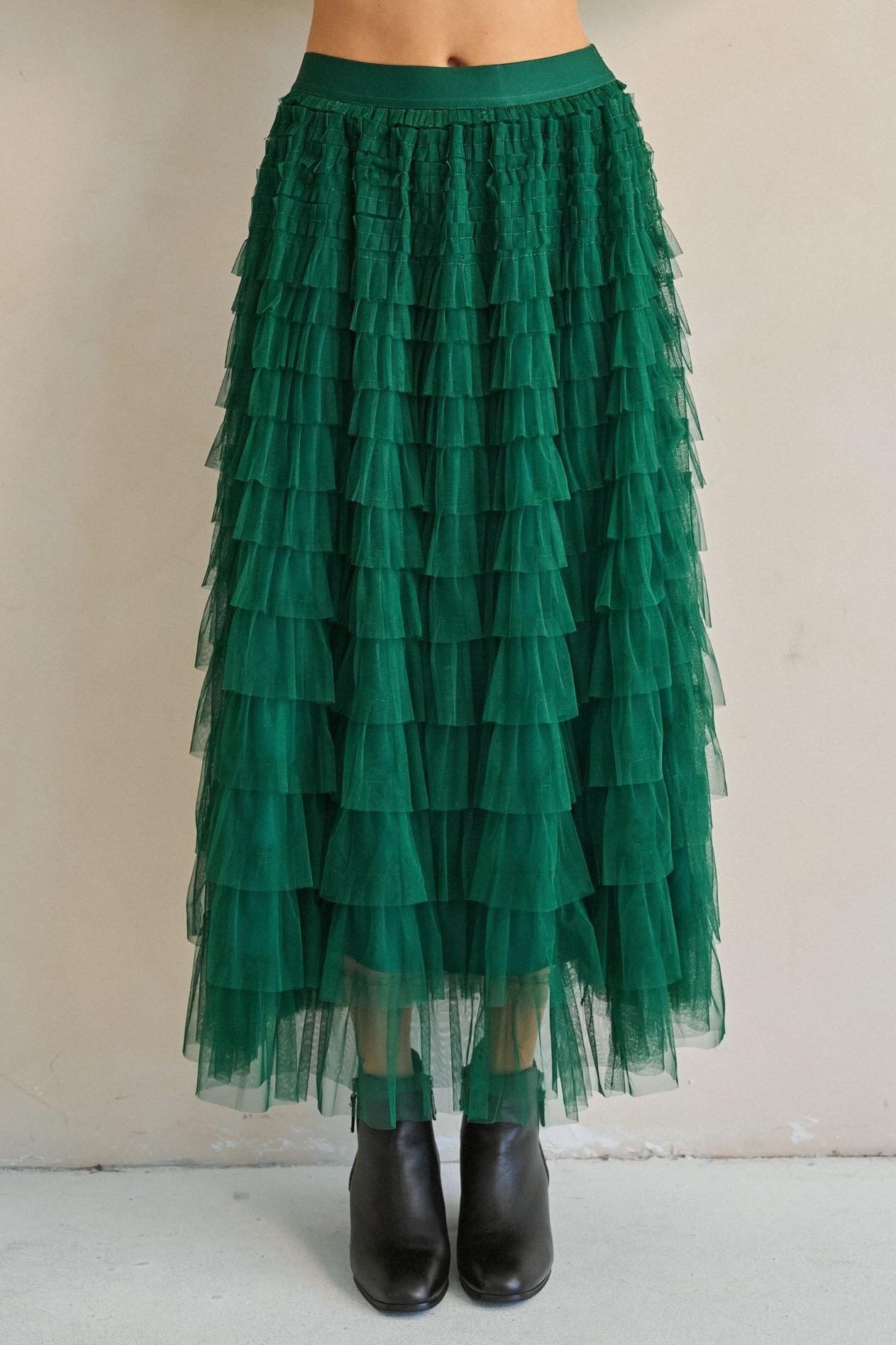 Tiered Ruffle Mesh Maxi Skirt