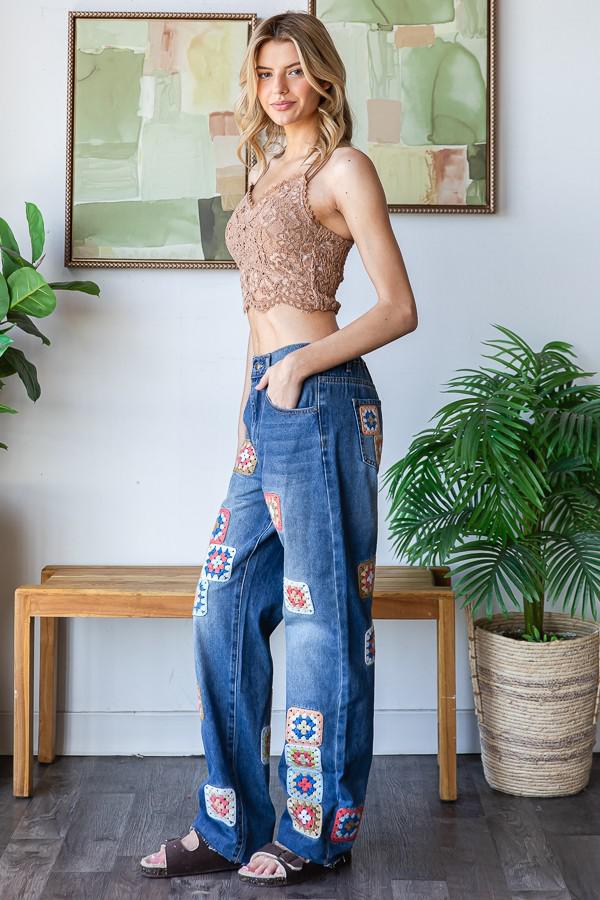 Square Crochet Patchwork Denim Jeans