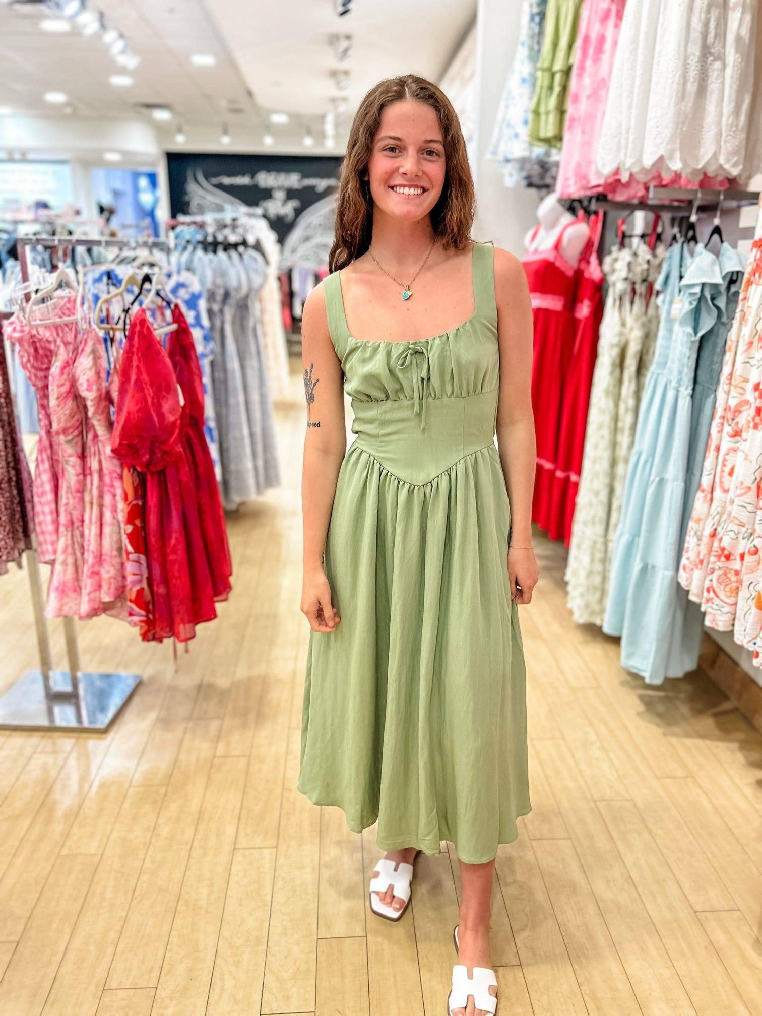 OLIVE FRONT TIE CORSET MIDI DRESS