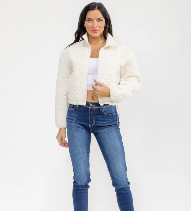 WHITE FLORAL PADDED PUFFER JACKET