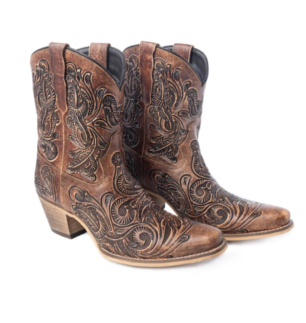 Paisley Vintage Patina Western Booties in Tawny Brown