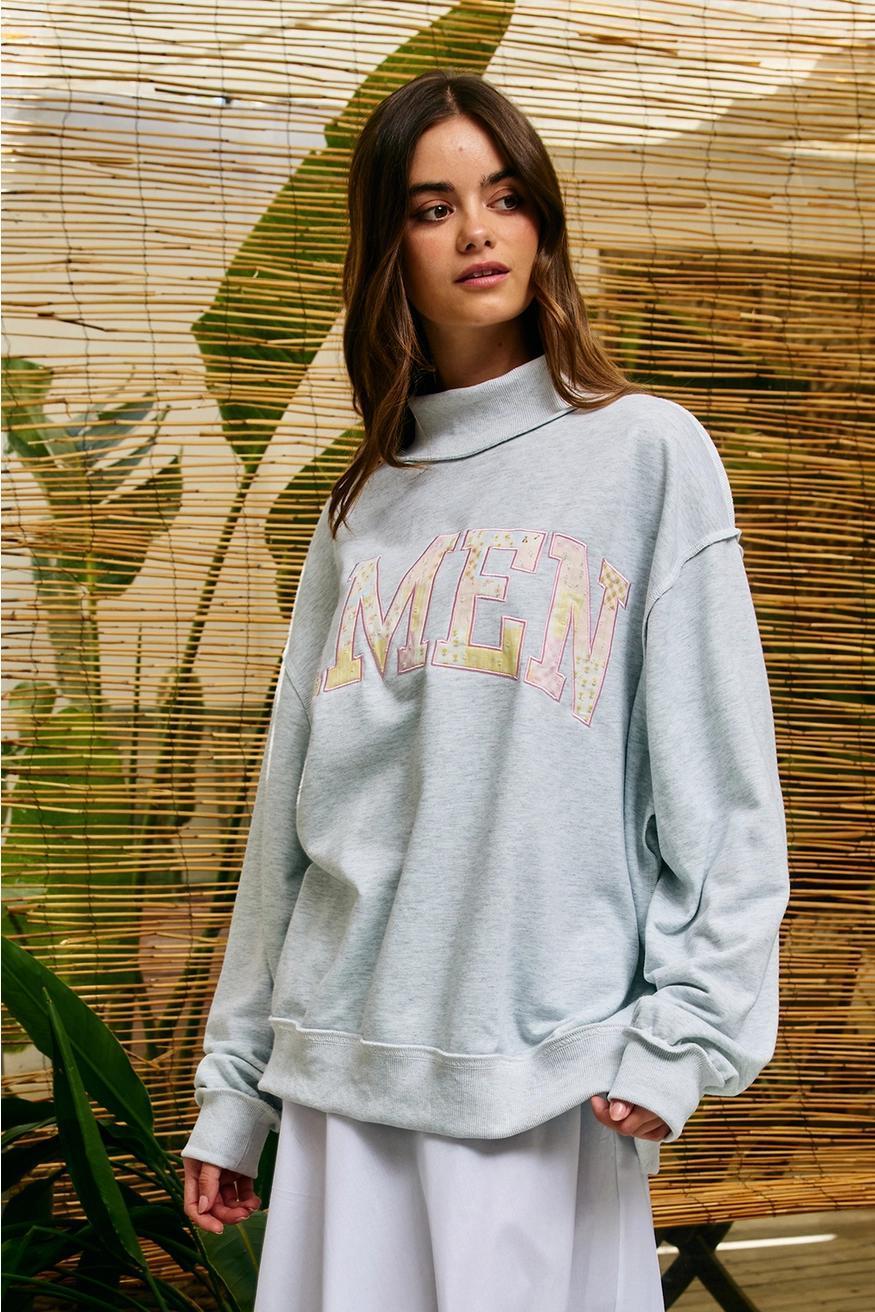 'Amen' Embroidered Patchwork Mock Neck Sweatshirt