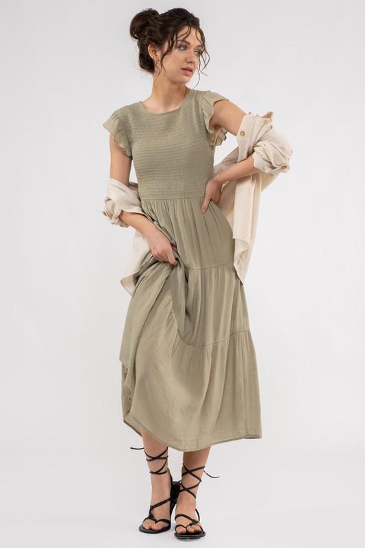 Olive Smocked Midi Dress