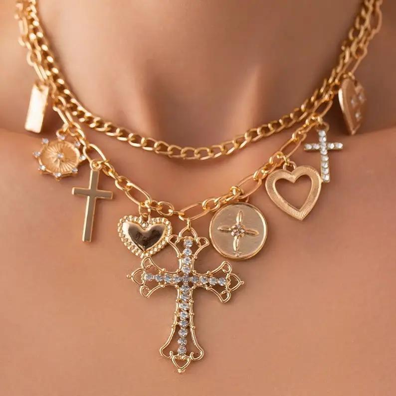 Charm Necklace-Multi Cross Charms Layered Necklace