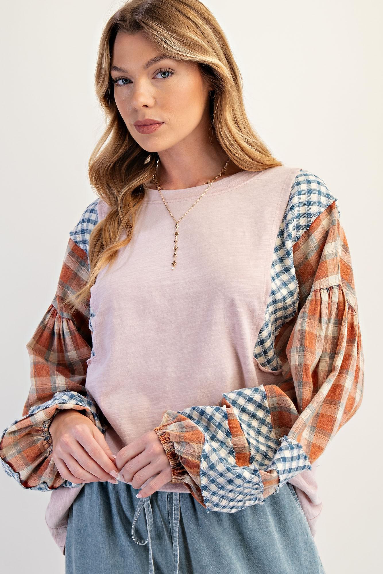 Rose Plaid Mix Cotton Knit Top