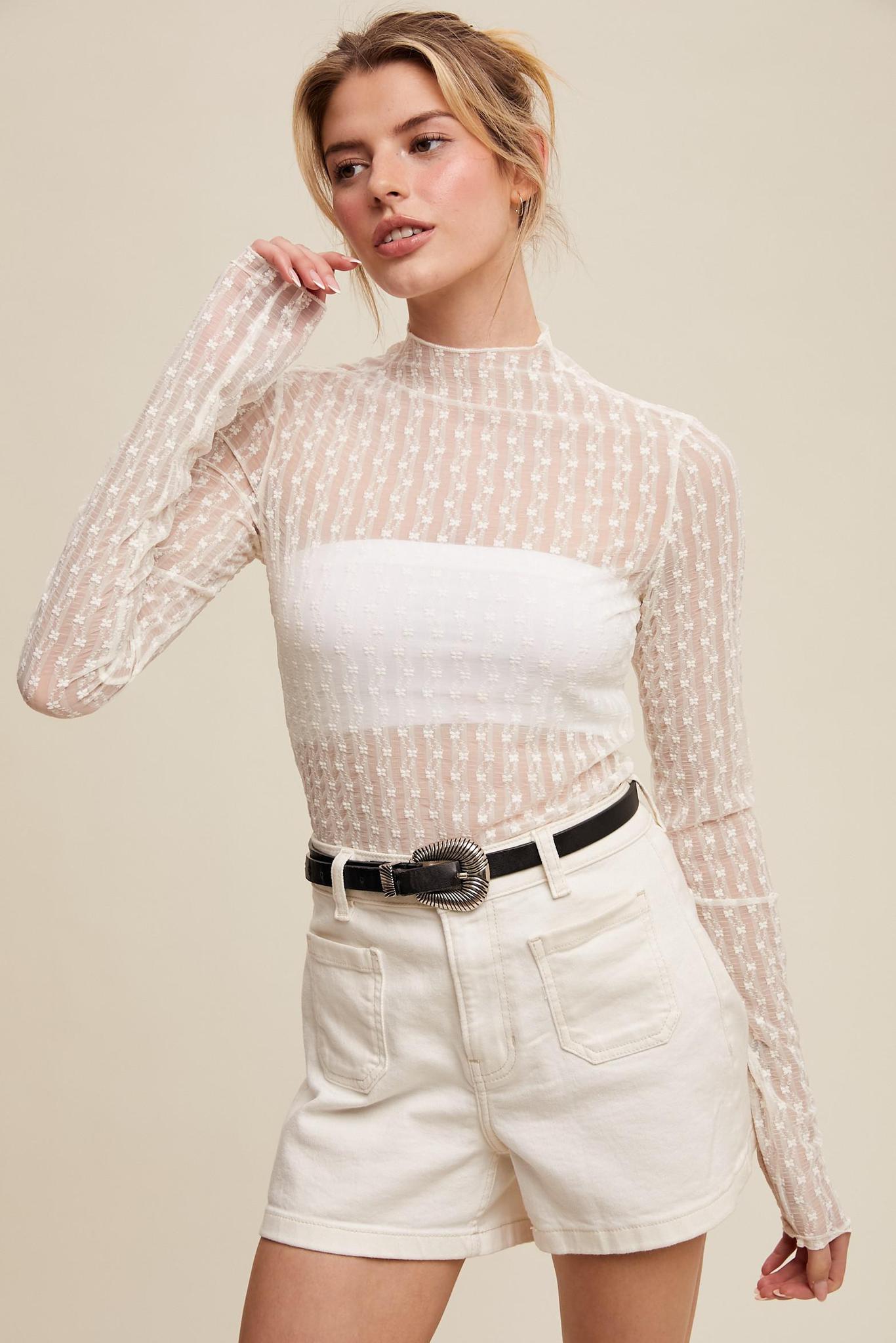 Sheer Textured Lace Long-sleeve Top