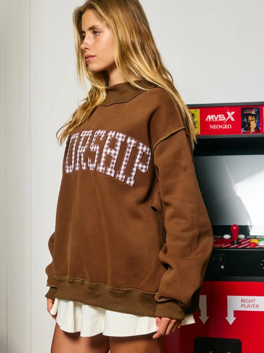 Brown Gingham "Worship" Mock Neck Sweatshirt