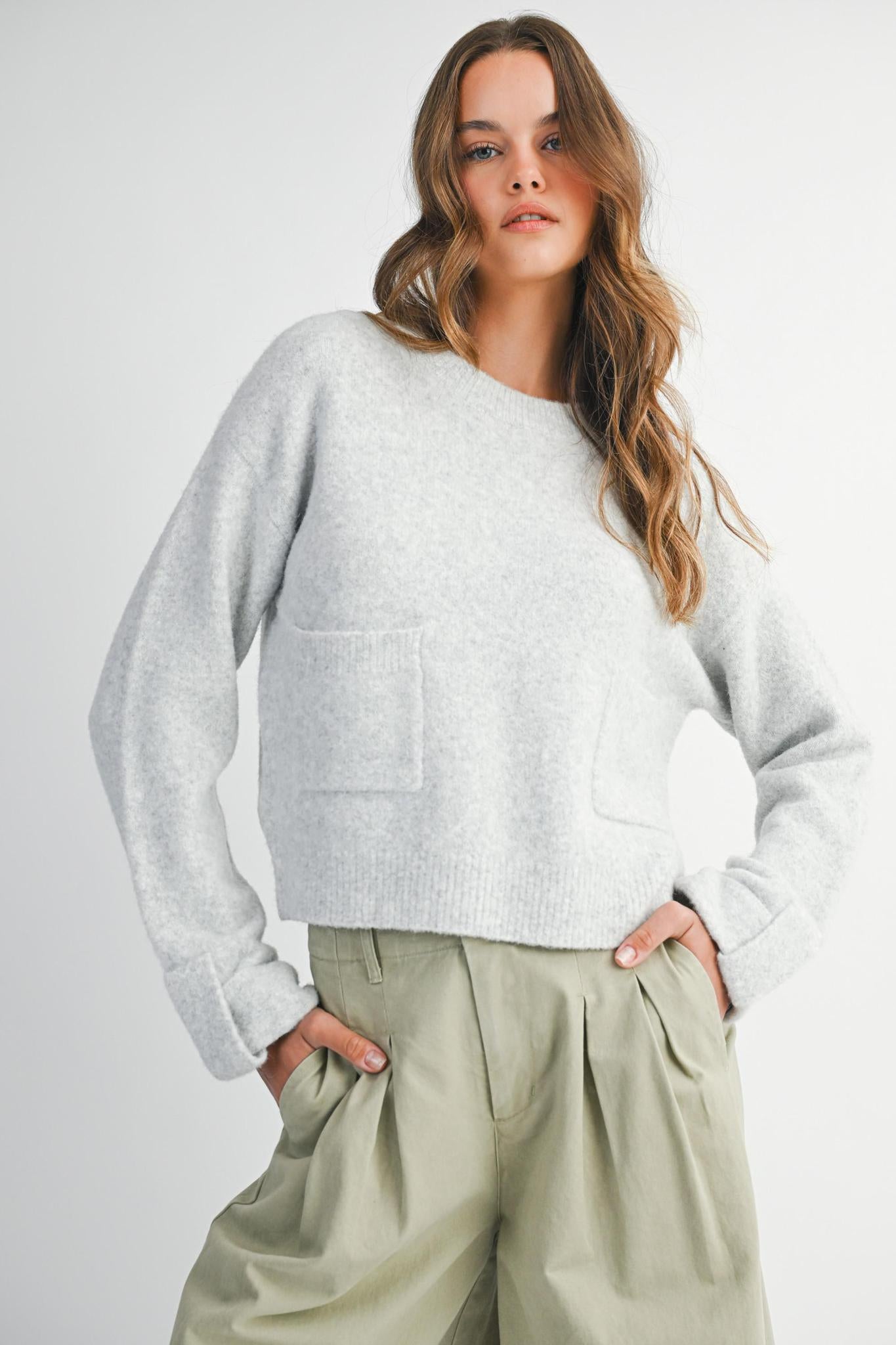 Grey Crew Neck Knit Sweater w/ Front Pockets