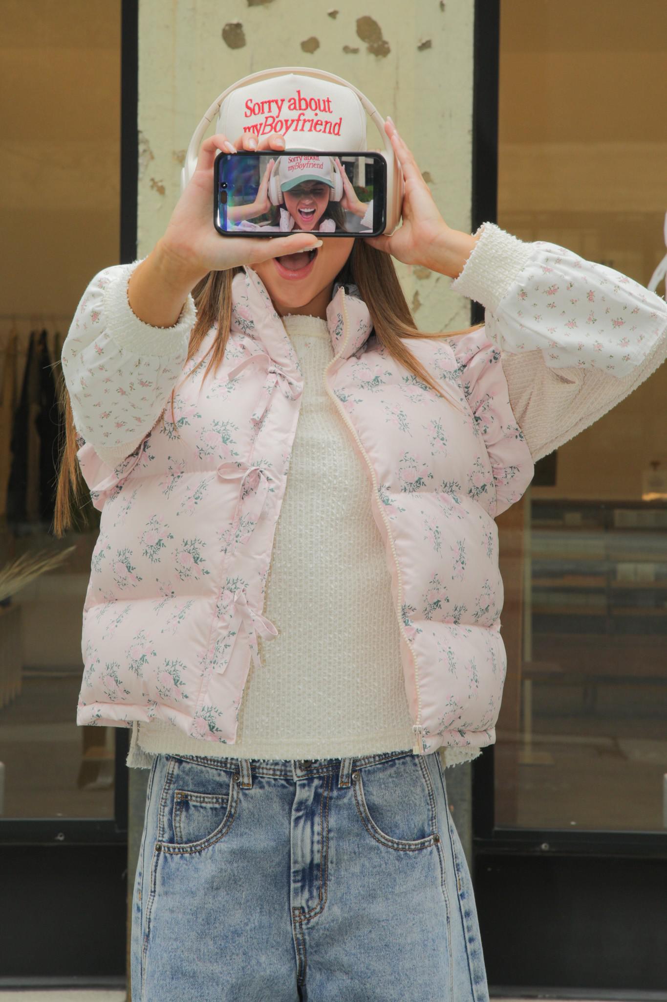 Pink Floral Bow Ruffle Sleeve Puffer Vest
