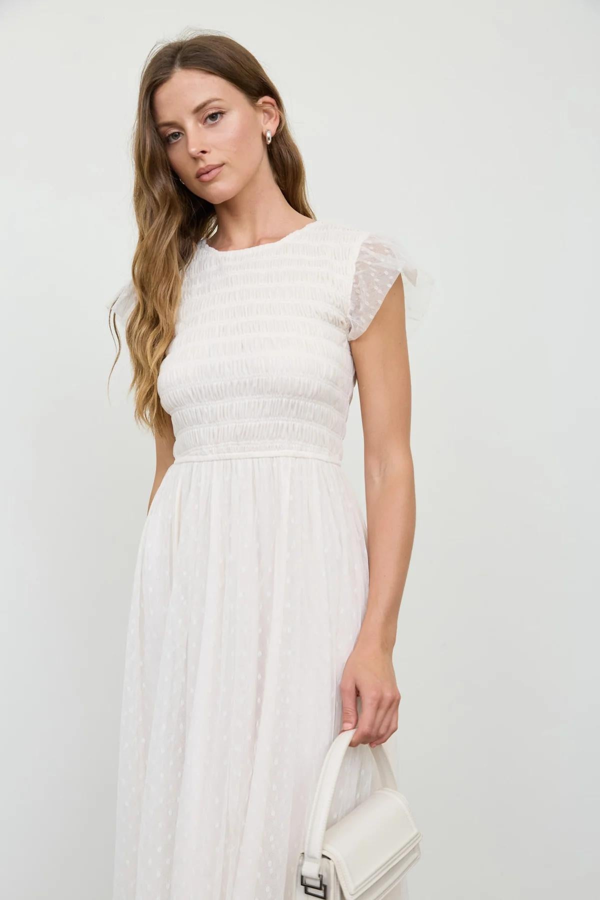 NATURAL POLKA DOT CHIFFON SMOCKED MIDI DRESS
