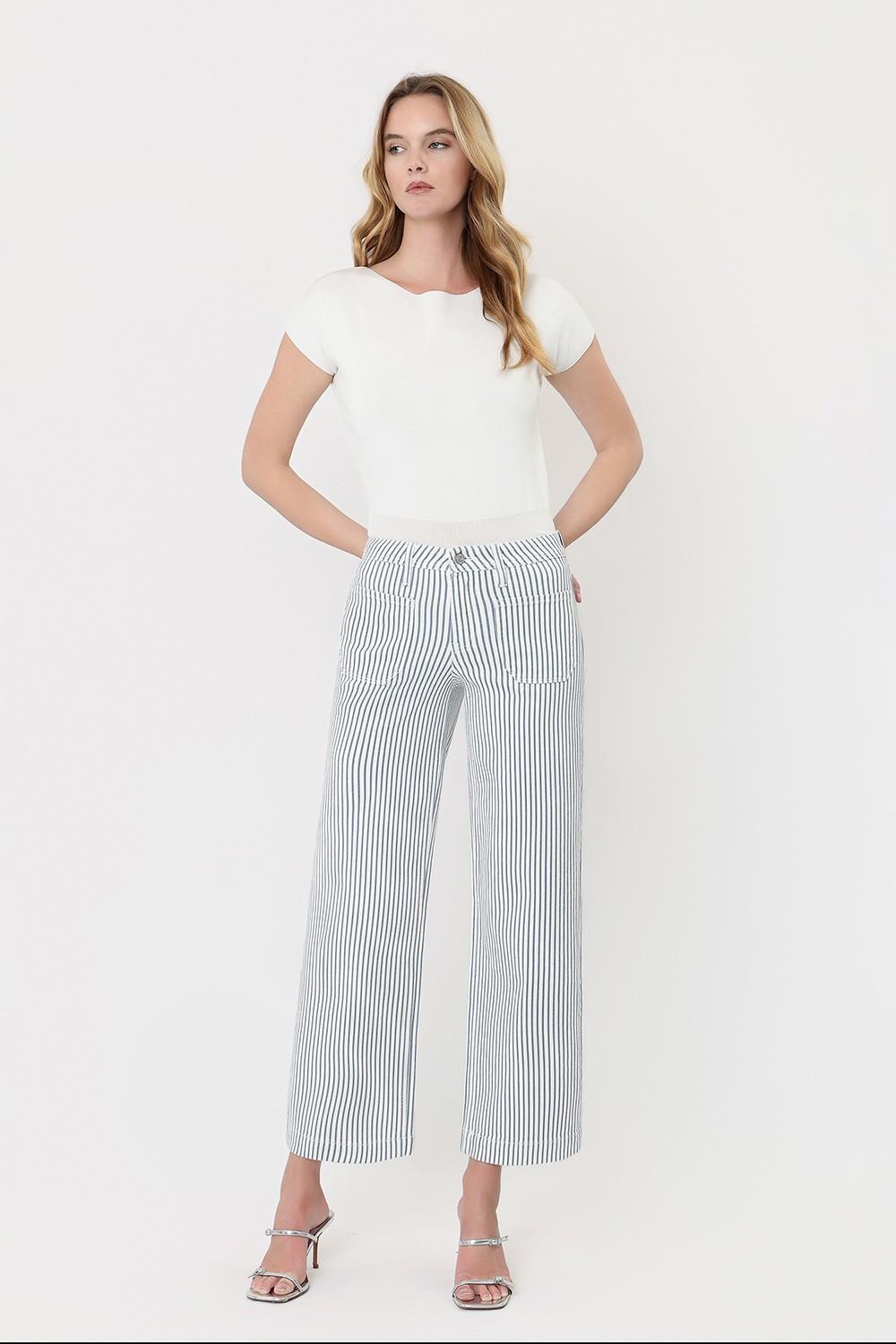 High Rise Patch Pocket Crop Striped Wide Leg Jeans