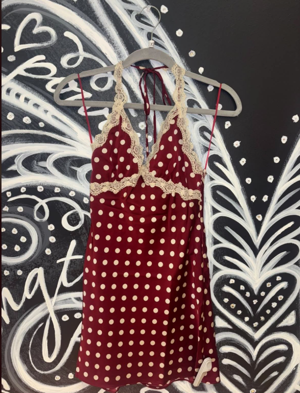 Wine Red Polka Dot Mini dress with Lace