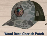 WOOD DUCK CHERISH PATCH ON WASHED STANDOUT CAMO TRUCKER