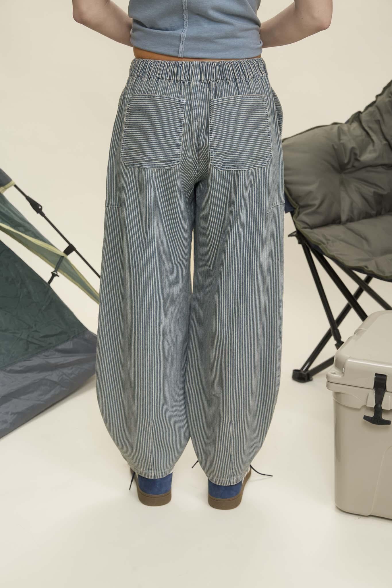 Stripe Denim Waist Tie Parachute Pants