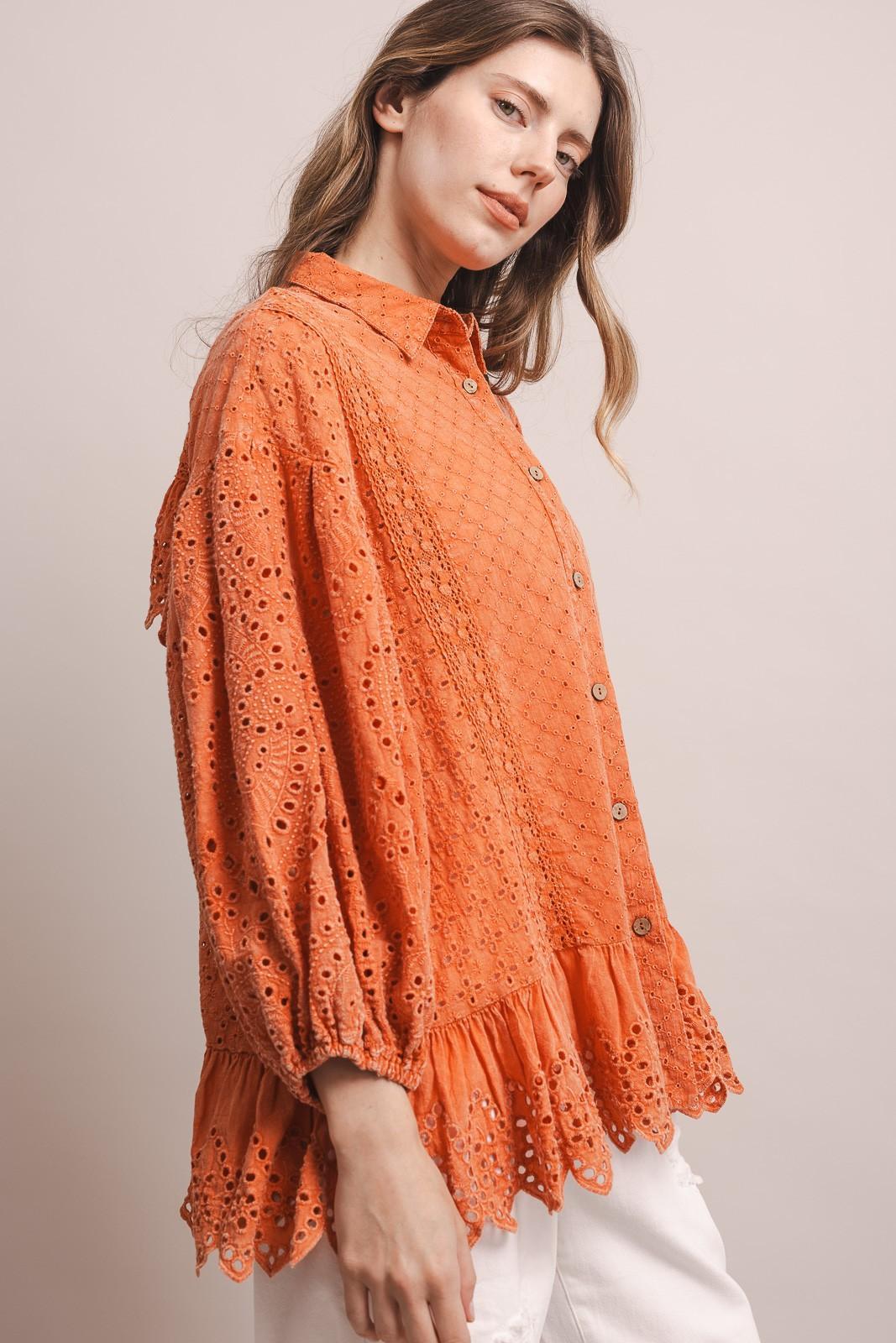 Coral 3/4 Sleeve Balloon Sleeve Eyelet Ruffle Blouse