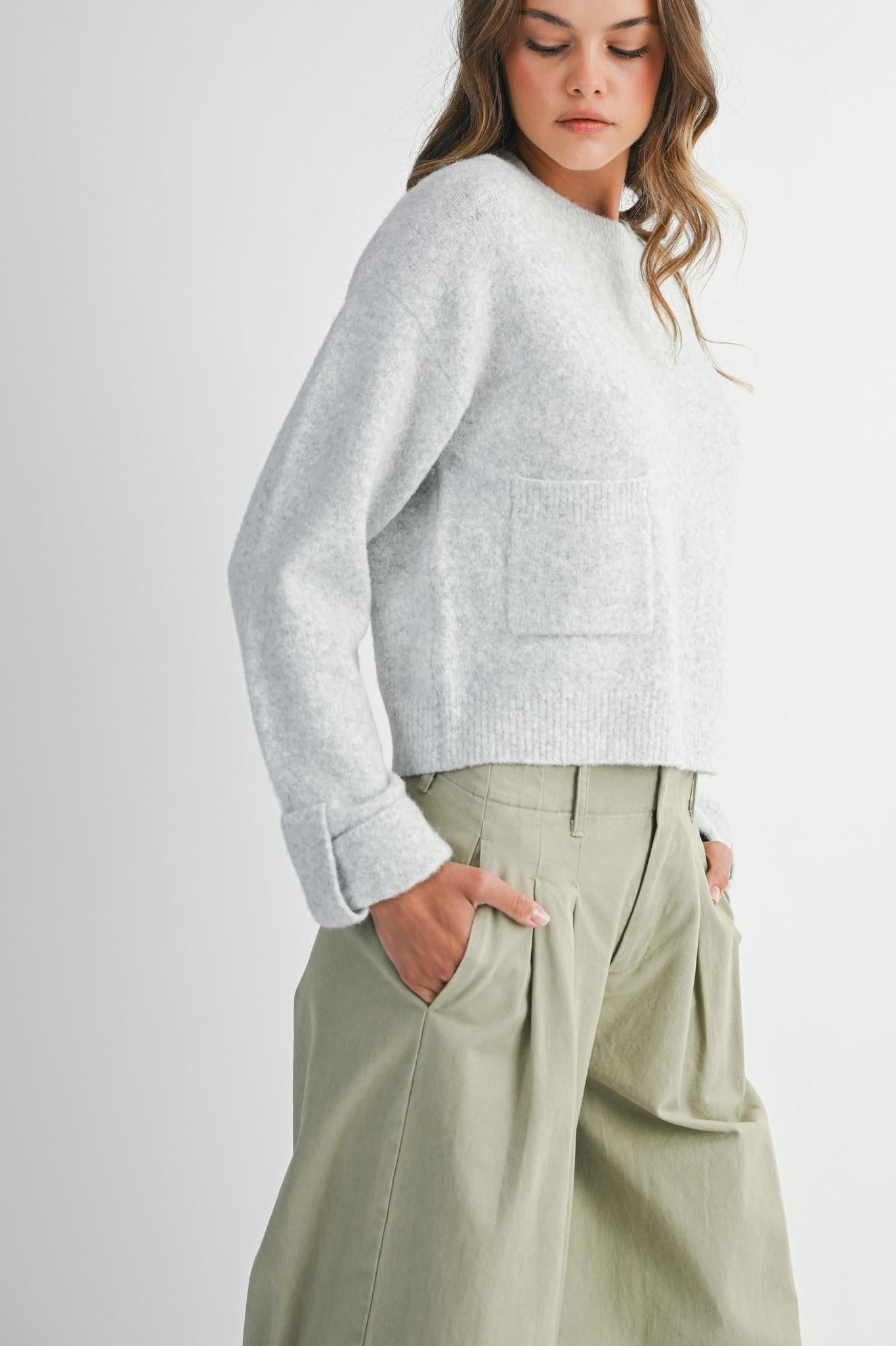 Grey Crew Neck Knit Sweater w/ Front Pockets