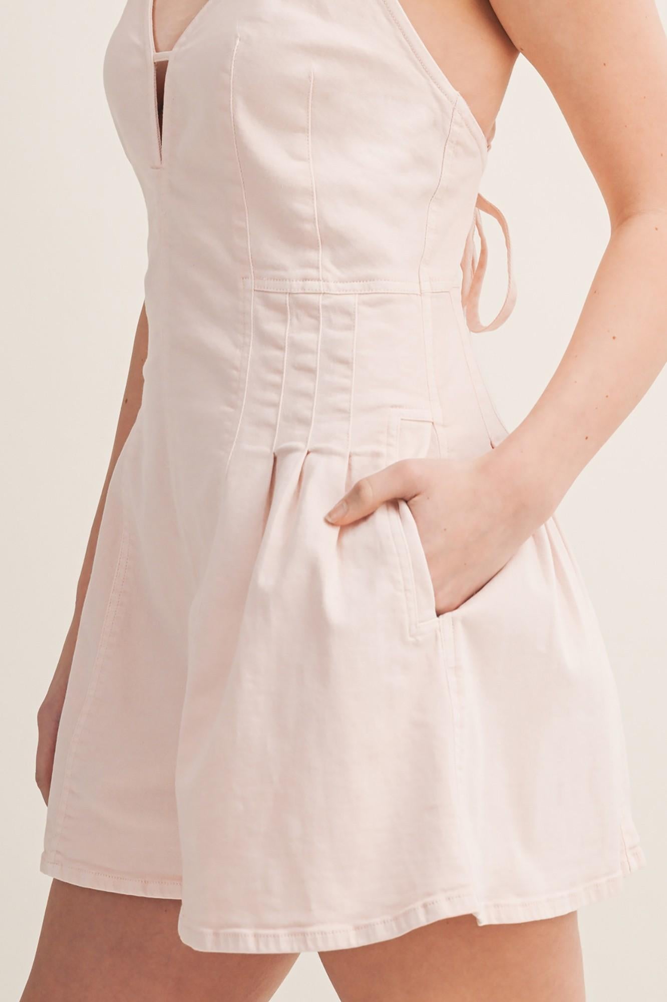 Peony Pink Notched V-neck Pleated Twill Romper