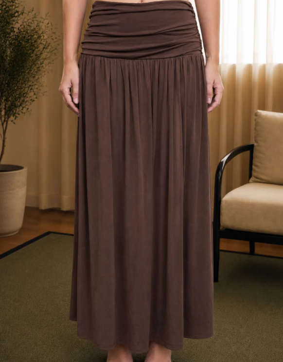 BROWN WIDE GATHERED WAISTBAND KNIT MAXI SKIRT