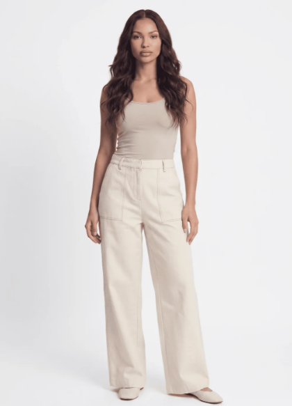 OATMEAL ELASTIC WAIST BUTTON WIDE LEG LINEN PANTS