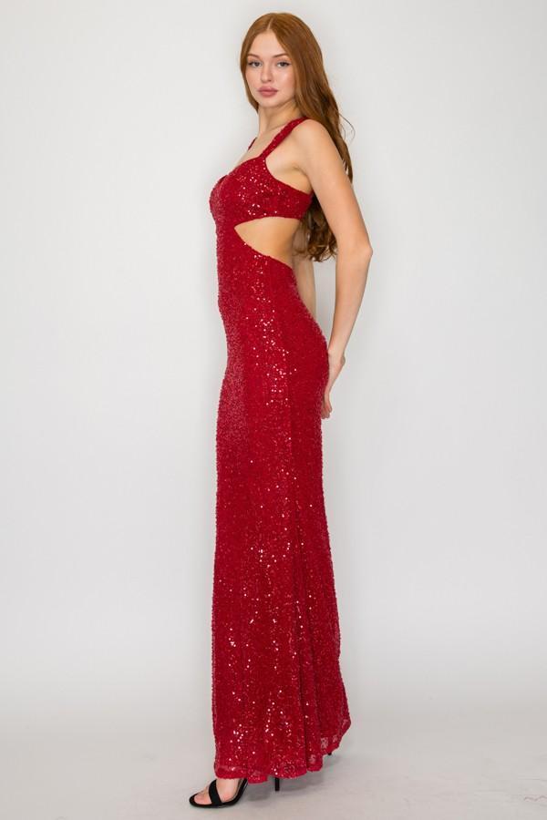 Red Beaded Sequin Cut-Out Maxi Dress